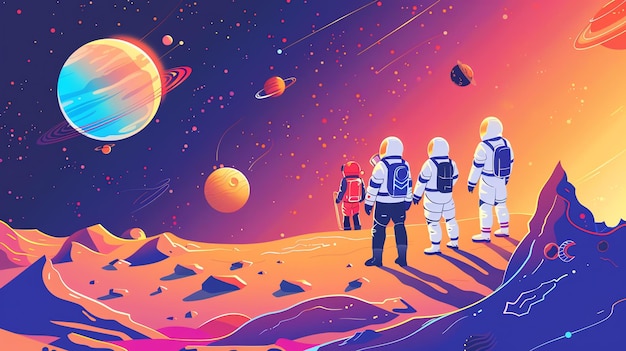 A colorful illustration of astronauts exploring a distant planet