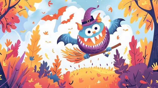 a colorful illustration of a bat with a witch hat on it