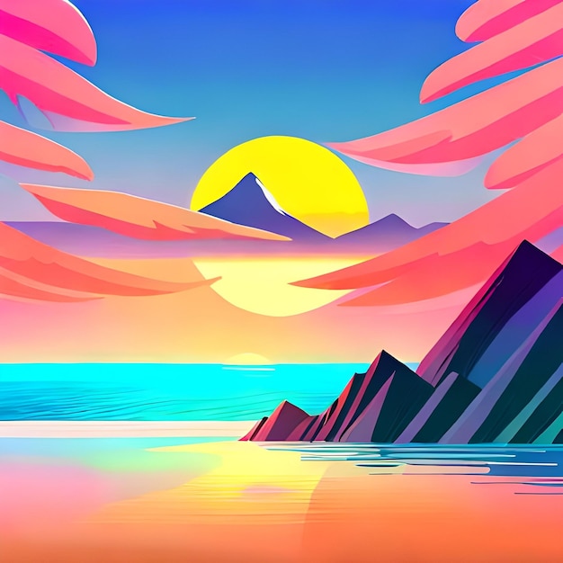 A colorful illustration of a beach with mountains in the background.