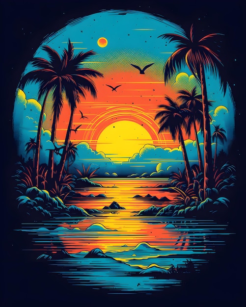 A colorful illustration of a beach with palm trees and the sun shining through the clouds.