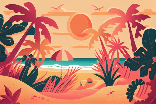 A colorful illustration of a beach with palm trees and a sunburst in the background.