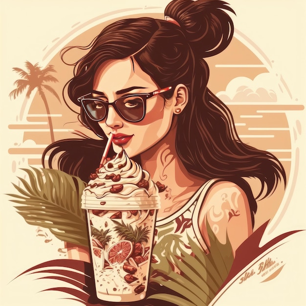 Colorful illustration of a beach woman drinking cold drink beverage having fun at resort outside Portrait of beautiful young fashion girl in sunglasses and swimwear drinking cocktail Generative AI