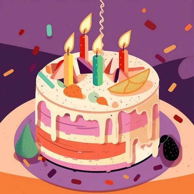 A colorful illustration of a birthday cake with candles