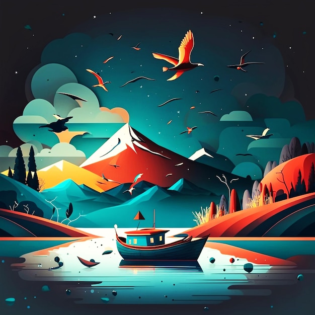 A colorful illustration of a boat in the water with birds flying around.