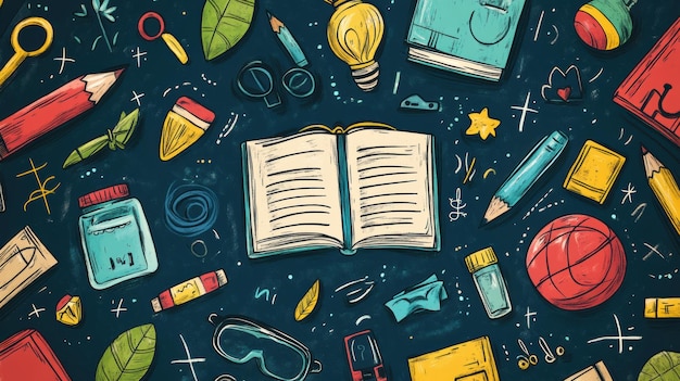 Photo a colorful illustration of a book and school supplies ai