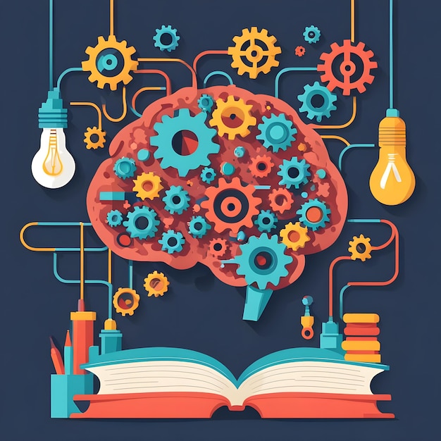 a colorful illustration of a book with a bunch of gears and a light bulb