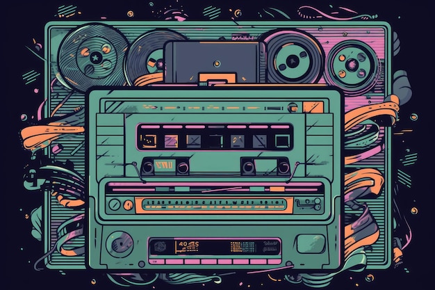 A colorful illustration of a boombox with a tape player on the front.