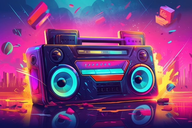 A colorful illustration of a boombox with the word van on it