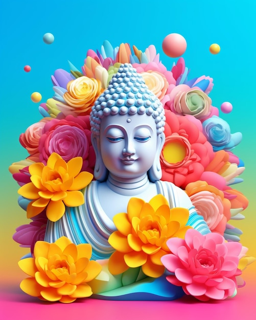 A colorful illustration of a buddha with flowers in the background