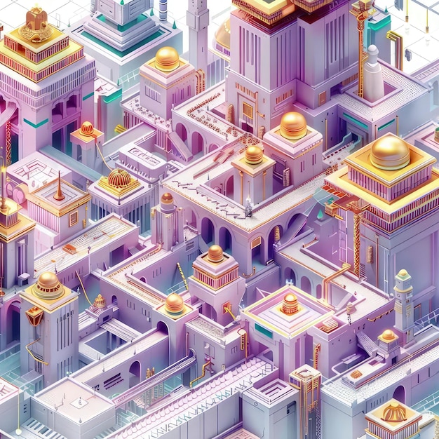 a colorful illustration of a building with a gold roof