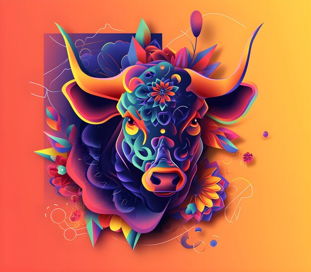 Photo a colorful illustration of a bull with flowers and a sign that says  bok