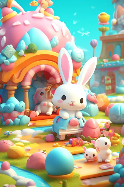 A colorful illustration of a bunny with a basket full of easter eggs.