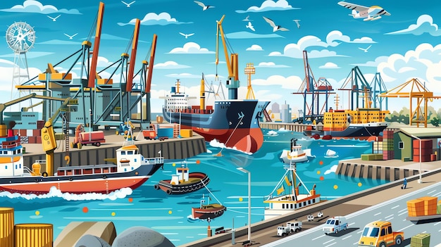 A colorful illustration of a busy harbor