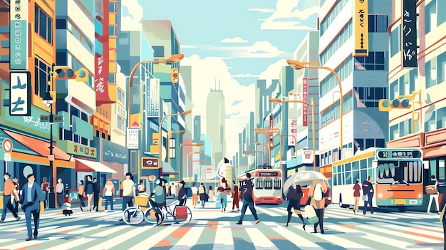 A colorful illustration of a busy street scene in a city