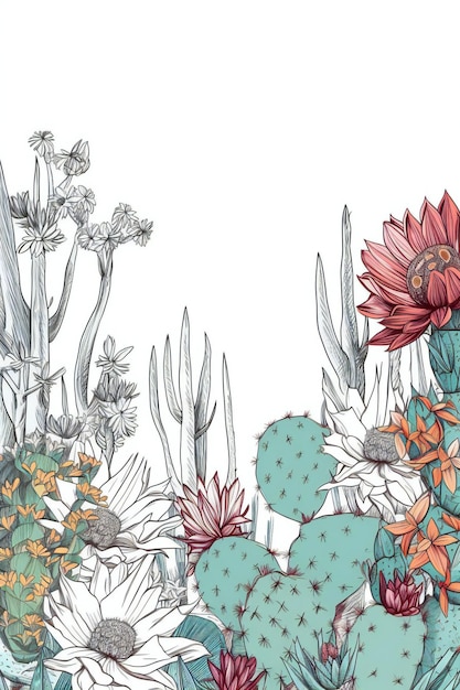 A colorful illustration of a cactus and flowers.