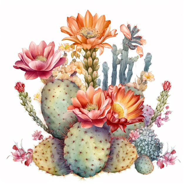 A colorful illustration of a cactus and flowers.