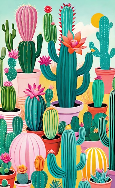 a colorful illustration of cactus and flowers