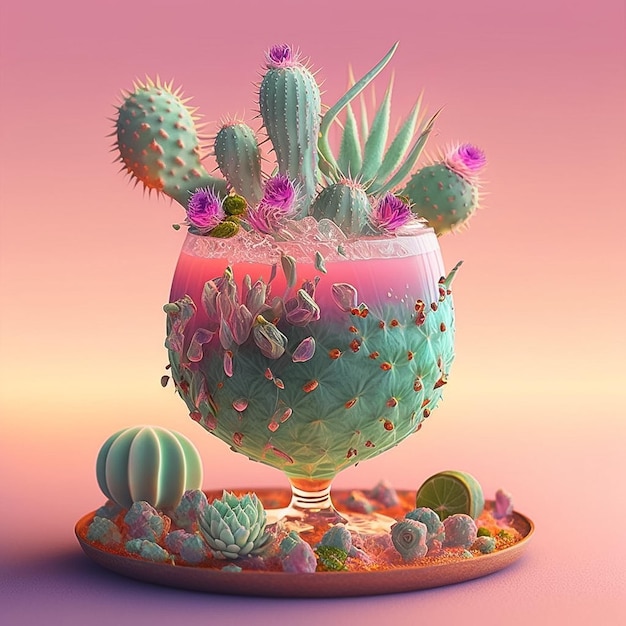 A colorful illustration of a cactus plant and some rocks.