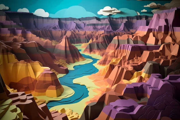 A colorful illustration of a canyon with a river in the middle.