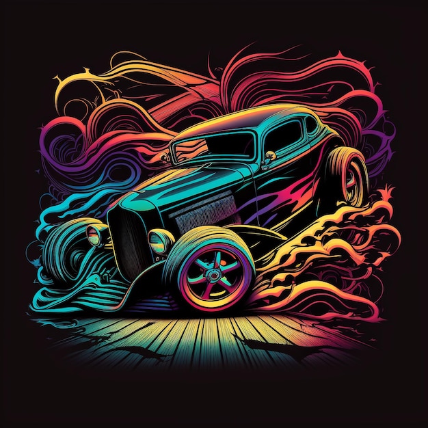 A colorful illustration of a car with a black background and the word hot rod on the bottom.