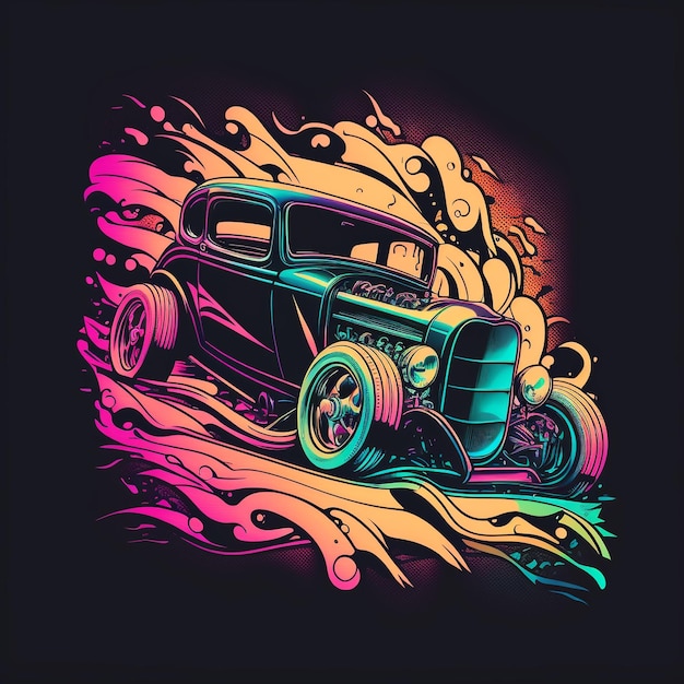 A colorful illustration of a car with a hot rod on the front.