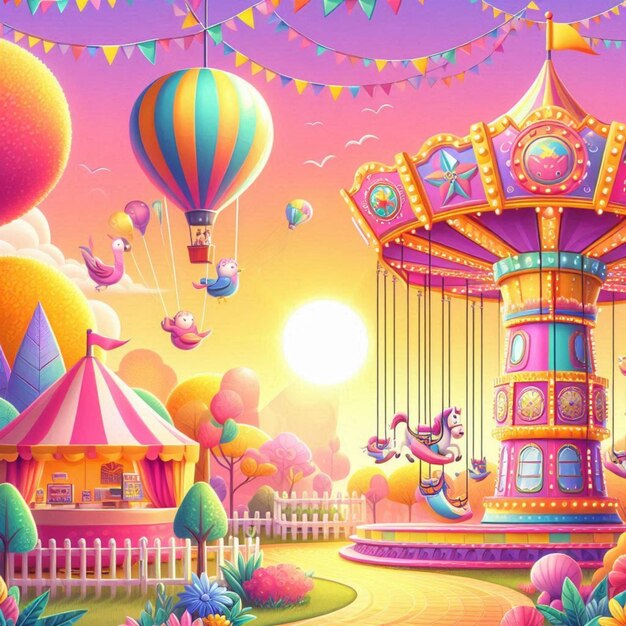 a colorful illustration of a carnival with a carousel and the words the circus