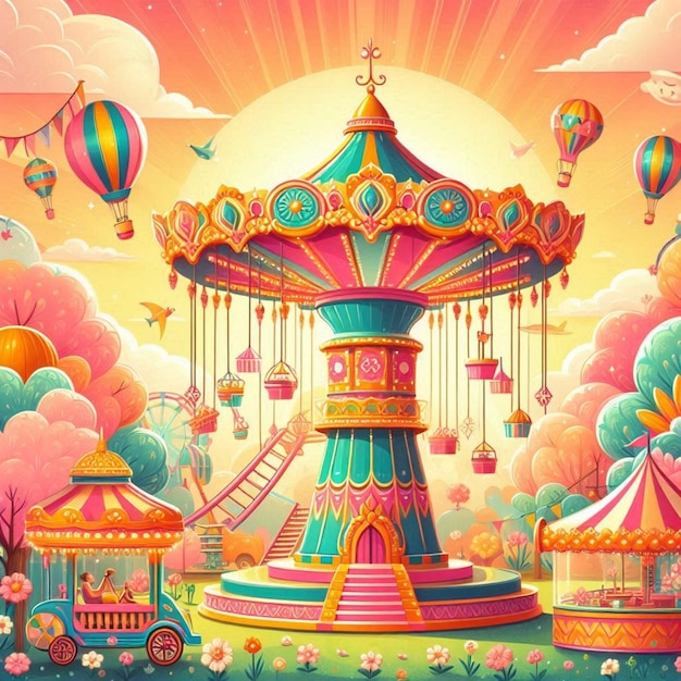 a colorful illustration of a carnival with a colorful sky and a ferris wheel