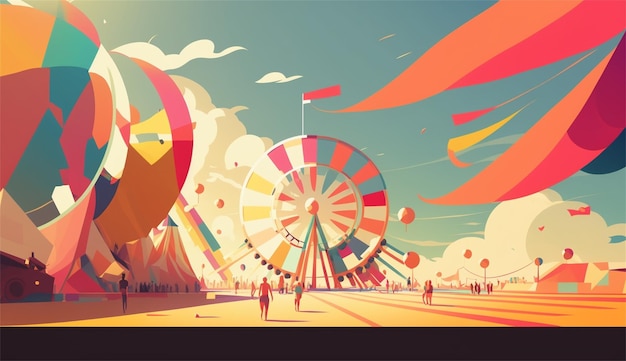 A colorful illustration of a carnival with a large colorful balloon and a colorful tent in the background.