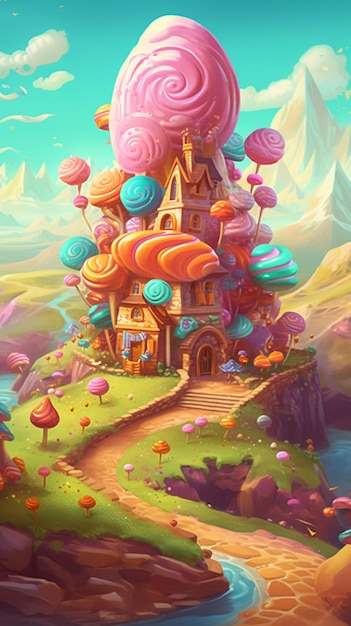 A colorful illustration of a castle with a candy house on top.