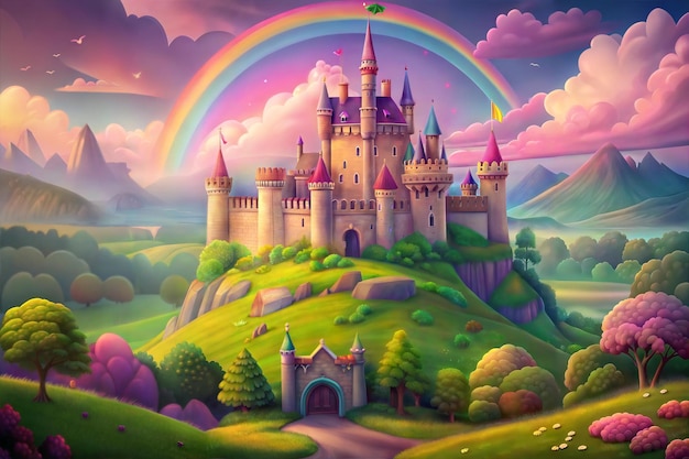 A colorful illustration of a castle with a rainbow in the background