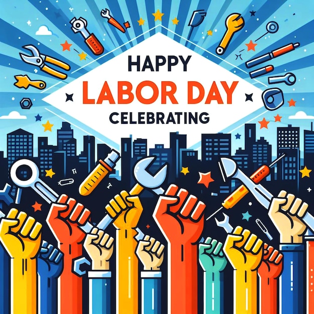 Colorful illustration celebrating Labor Day background It features hands holding up various tools