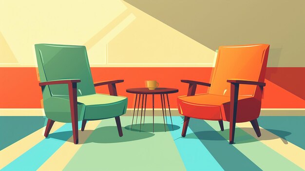 a colorful illustration of chairs and a table with a coffee cup on it