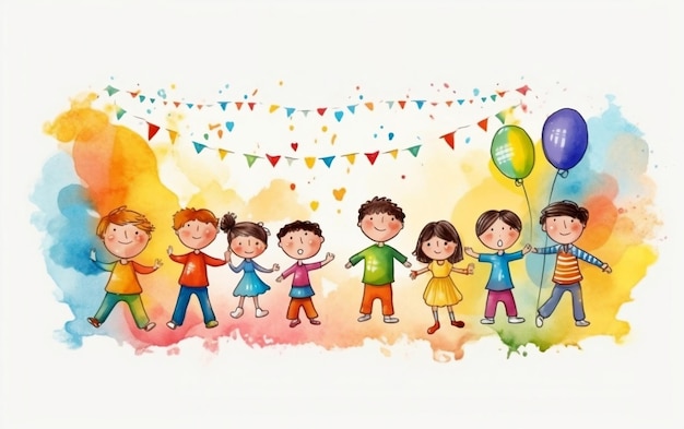 A colorful illustration of children holding hands and dancing with a banner that says happy birthday.