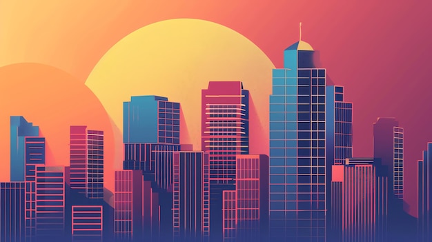 A colorful illustration of a city skyline at sunset