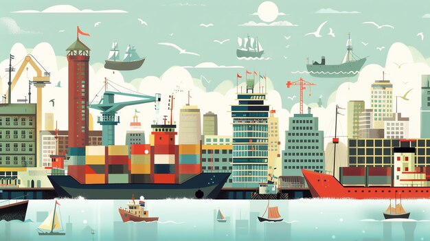 Photo a colorful illustration of a city skyline with ships in the harbor