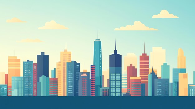 Photo a colorful illustration of a city skyline with tall buildings and clouds in the sky