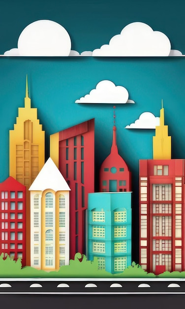 Photo a colorful illustration of a city with a blue sky and buildings