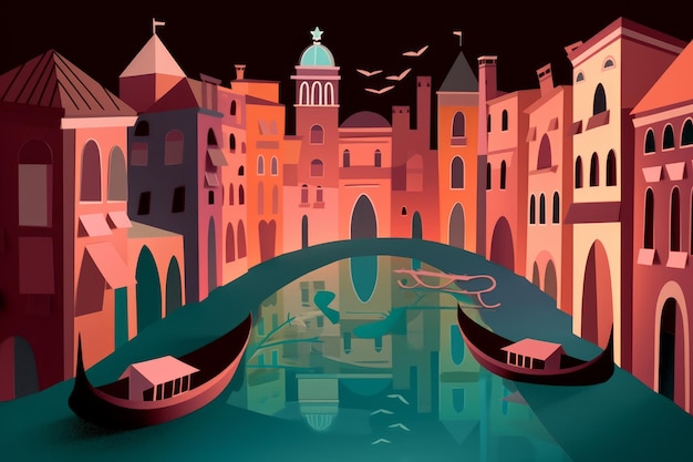 A colorful illustration of a city with a boat in the water and the word venice on the bottom.