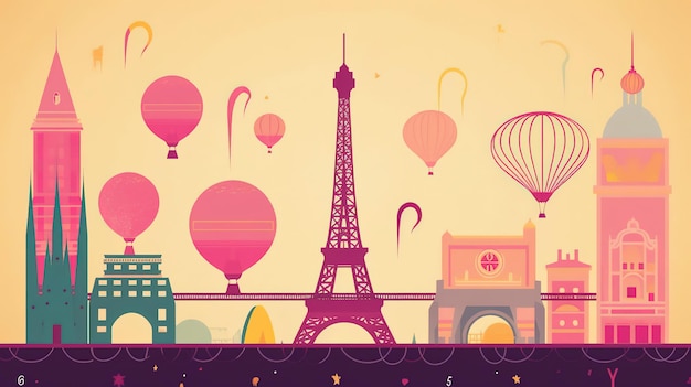 A colorful illustration of a city with a pink balloon and a building with a sign that says paris on it.