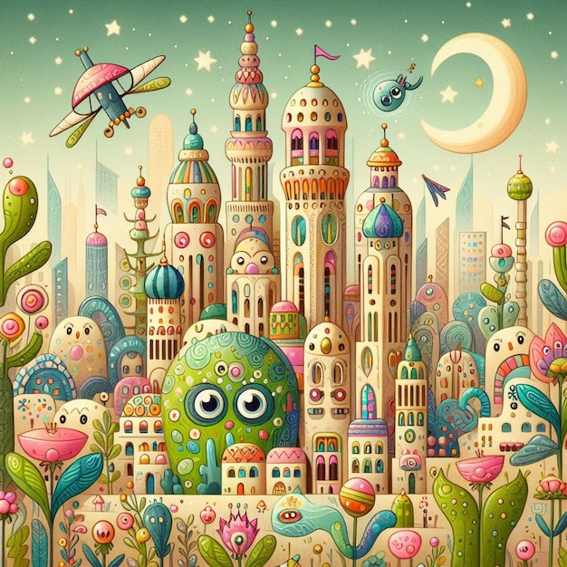 Photo a colorful illustration of a city with a planet and a moon