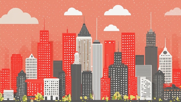 a colorful illustration of a city with a red background