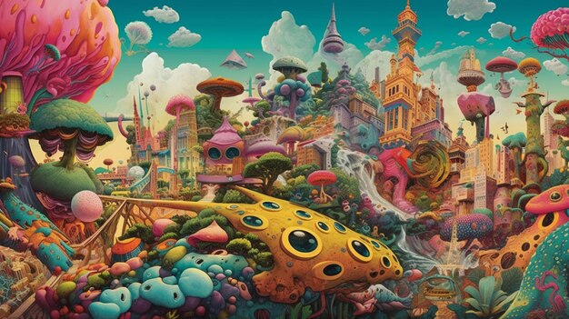 A colorful illustration of a city with a yellow alien on it.