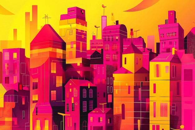 Photo colorful illustration of cityscape with buildings in pink and yellow