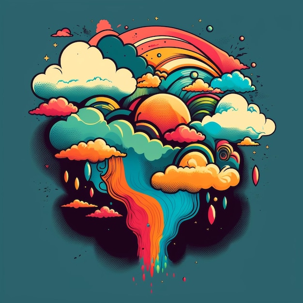 A colorful illustration of a cloud with a rainbow on it.