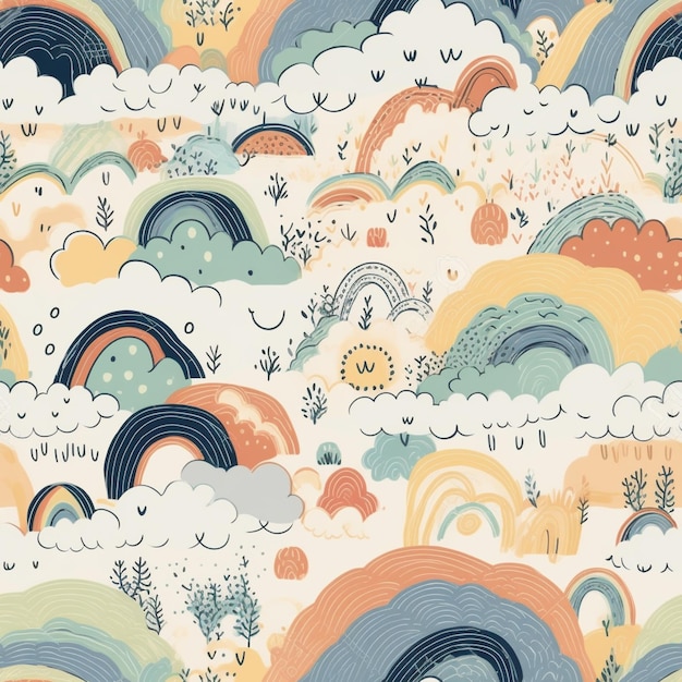 A colorful illustration of a cloudy sky with a rainbow and clouds.