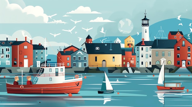 Photo a colorful illustration of a coastal town with a lighthouse boats in the water and a cityscape in the background