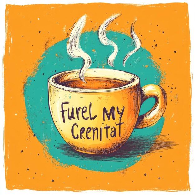 A colorful illustration of a coffee cup with text