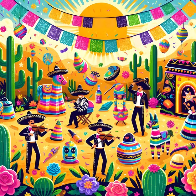 a colorful illustration of a colorful desert scene with people and a tent with a lot of people in it