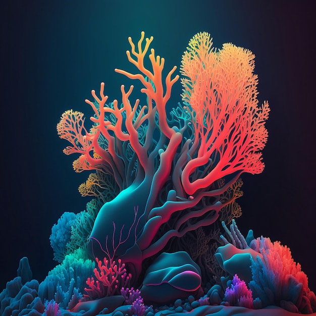 A colorful illustration of a coral reef with a blue background.