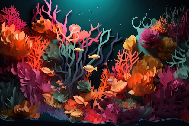 A colorful illustration of a coral reef with fish swimming around.